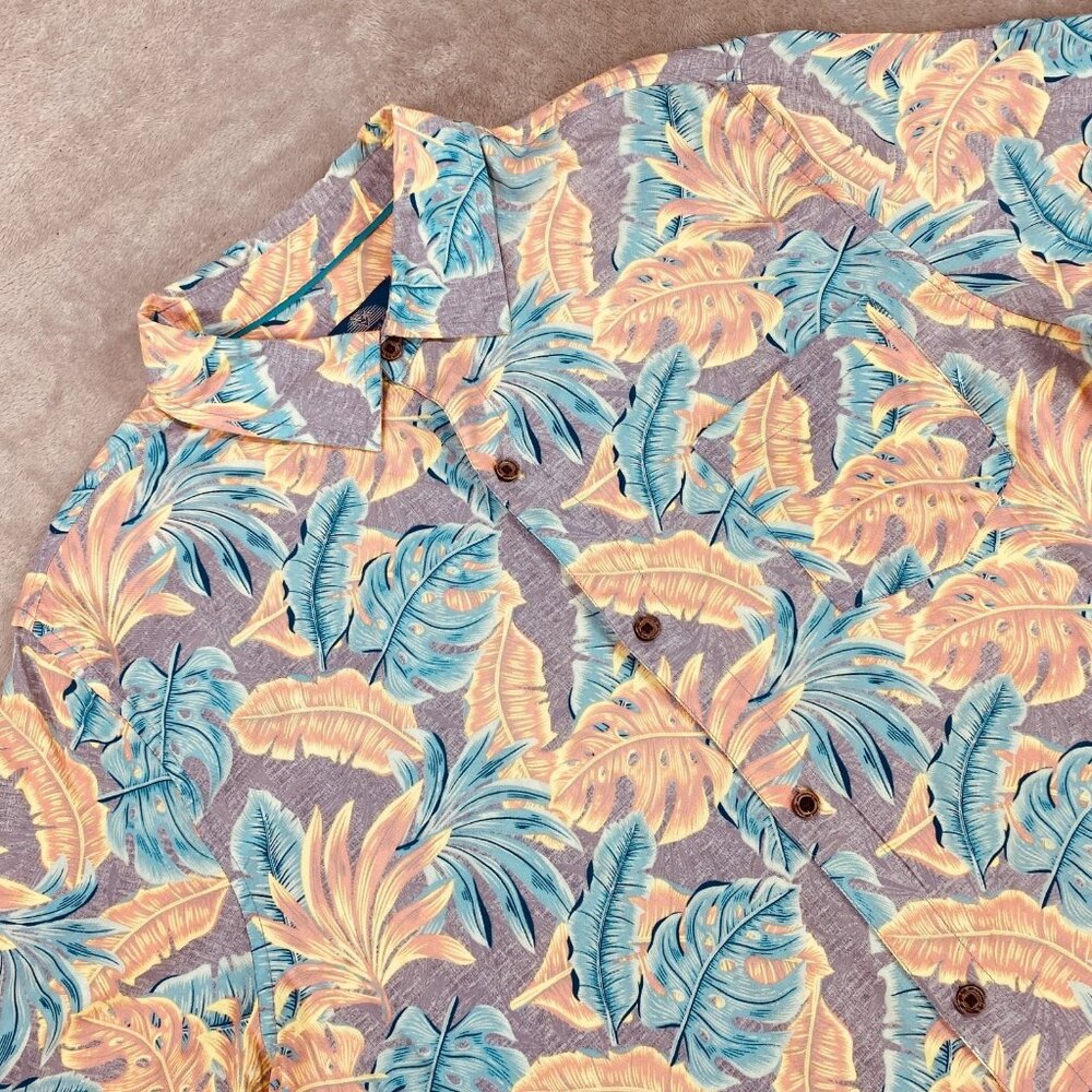 Havana Jim Shirt Men Large Gray Green Orange Floral Print Short Sleeve Button Up